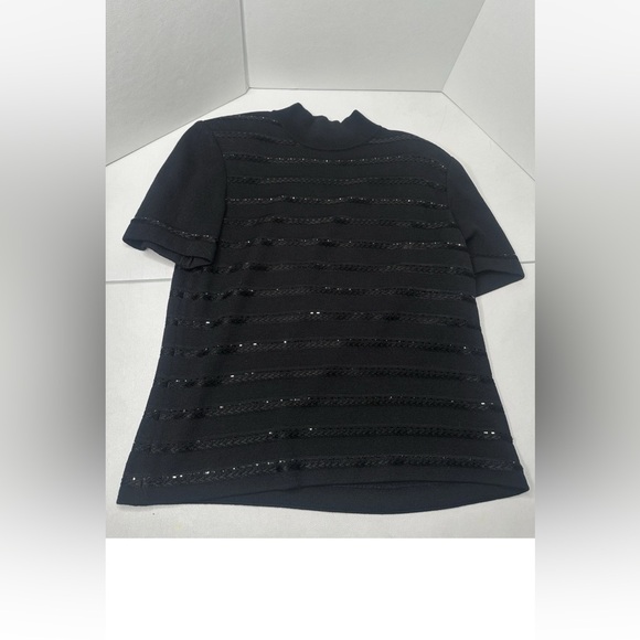 St. John Collection Tops - St. John Evening Santana Black Short Sleeve Knit Mock Turtleneck Rhinestones